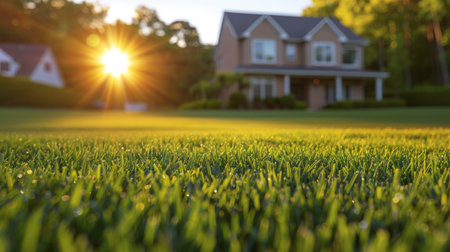 A house with a green lawn and the sun shining through, AIの素材