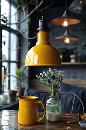 A yellow light hanging over a table with two mugs and flowers, AIの素材