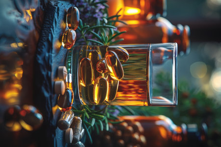 A glass of a drink with pills and herbs in it, AIの素材