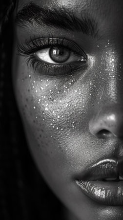 A close up of a woman with black skin and glitter on her face, AIの素材