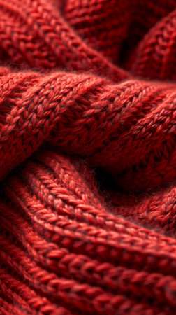 A close up of a red knitted fabric with some yarn, AIの素材