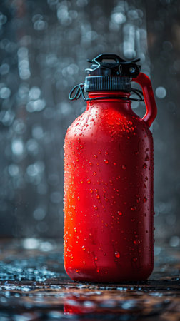 A red water bottle sitting on a table with rain drops, AIの素材