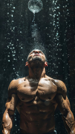 A man with no shirt under water in a shower, AIの素材
