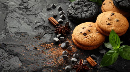A close up of cookies and spices on a table with leaves, AIの素材