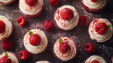 A close up of a table with cupcakes and raspberries on it, AIの素材