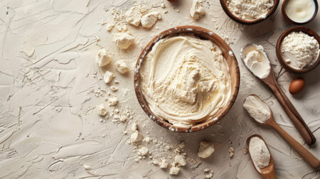 A bowl of cream and a spoon next to some wooden spoons, AIの素材