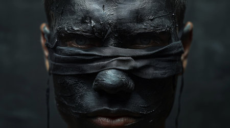 A man with black face paint and a blindfold over his eyes, AIの素材