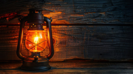 A close up of an old fashioned lantern lit on a wooden wall, AIの素材