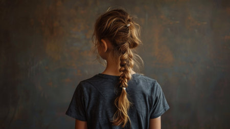 A girl with a braid in her hair standing against the wall, AIの素材