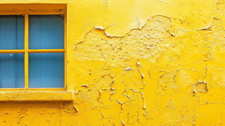 A yellow wall with peeling paint and a blue window, AIの素材