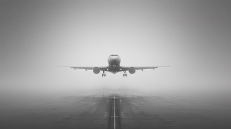 A large airplane flying in the fog with a runway behind it, AIの素材