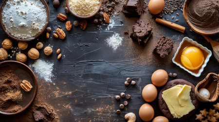 A table with a variety of ingredients for baking and cooking, AIの素材