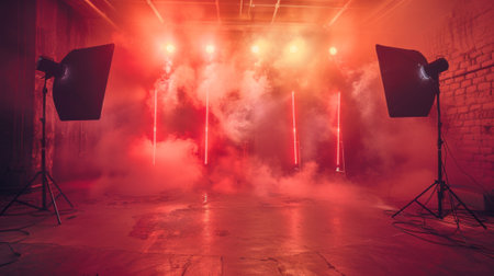 A photo studio with red lights and smoke coming out close to it, AIの素材