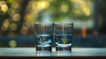 Two glasses of water with ice cubes in them on a table, AIの素材