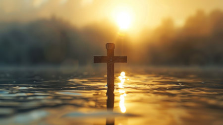 A cross in the middle of a lake with sun shining on it, AIの素材