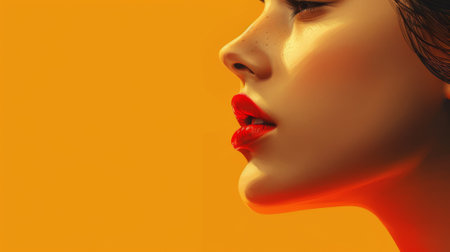 A woman with red lips and a black dress is looking down, AIの素材