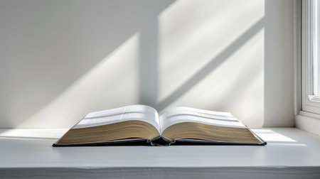 A book open on a white table with sunlight shining through the window, AIの素材