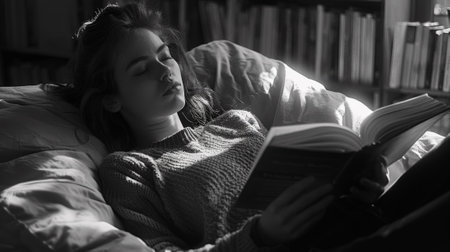 A woman laying on a bed reading a book, AIの素材