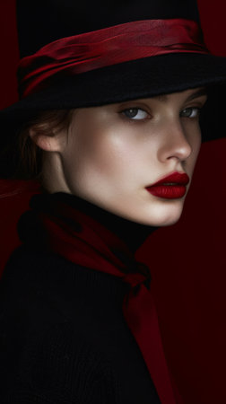 A woman with a black hat and red lipstick posing for the camera, AIの素材