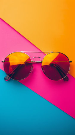 A pair of sunglasses on a colorful background with the sun shining through, AIの素材