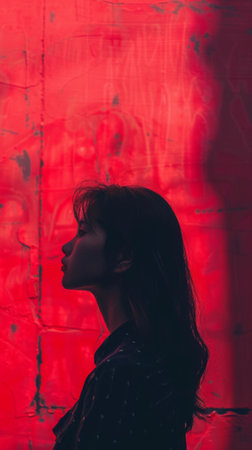 A woman standing in front of a red wall with her head turned, AIの素材