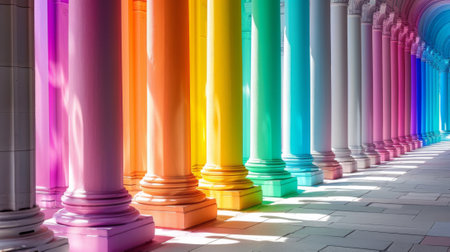 A row of colorful pillars in a hallway with sunlight shining through, AIの素材