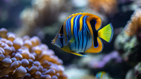 A colorful fish swimming in a tank with coral and other sea life, AIの素材