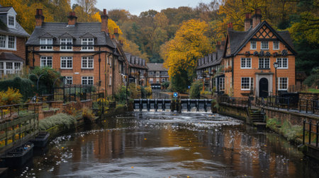 A river flowing through a city with houses on both sides, AIの素材