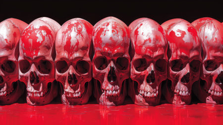 A row of skulls with blood dripping from their mouths, AIの素材