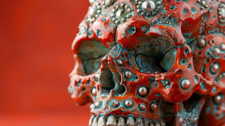 A red and orange skull with many small holes on it, AIの素材