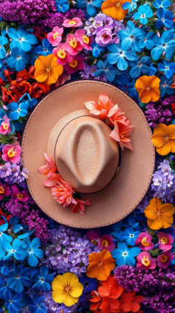 A hat is surrounded by flowers and leaves in a field, AIの素材