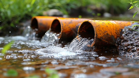 A group of pipes that are leaking water into a stream, AIの素材