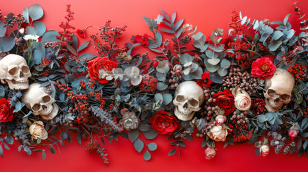 A wall of skulls and flowers on a red background, AIの素材