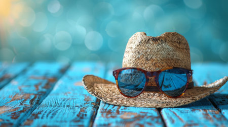 A straw hat with sunglasses on top of a wooden table, AIの素材