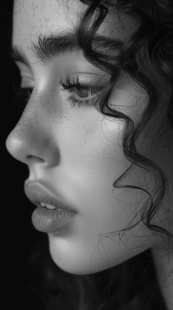A close up of a woman with curly hair and freckles, AIの素材