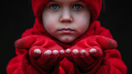 A child in red sweater with hands outstretched and a black background, AIの素材
