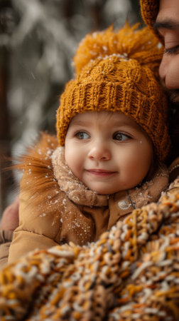 A close up of a man holding his baby in the snow, AIの素材