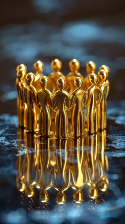 A group of gold figurines are arranged in a circle dance, AIの素材