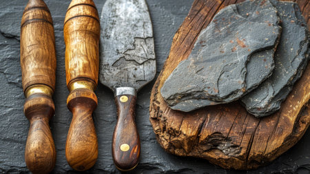 A close up of a knife and two other knives on top of wood, AIの素材