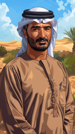 A man in traditional arabian clothing standing next to a desert, AIの素材