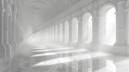 A long hallway with pillars and windows in the background, AIの素材