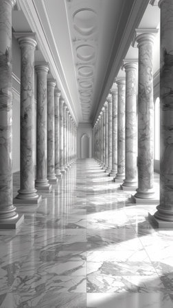 A long hallway with marble columns and windows, AIの素材