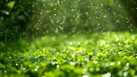 A close up of a green grass field with rain drops, AIの素材