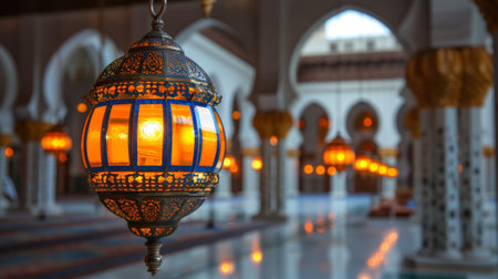 A large ornate lamp hanging from the ceiling of a building, AIの素材