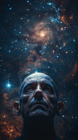 A man with a starry background and his head in the middle, AIの素材