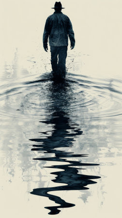 A man walking through a puddle of water with his hat on, AIの素材