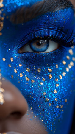 A close up of a womans face with blue paint and gold glitter, AIの素材