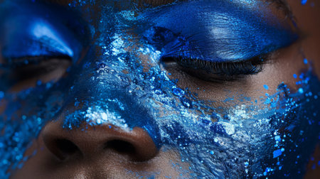 A close up of a woman with blue glitter on her face, AIの素材