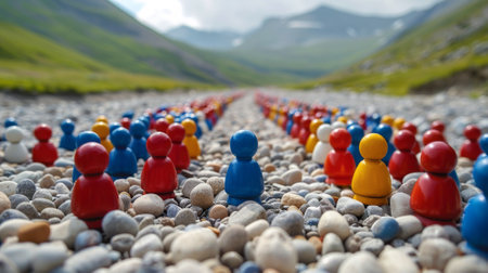 A group of small wooden figures standing in a field, AIの素材