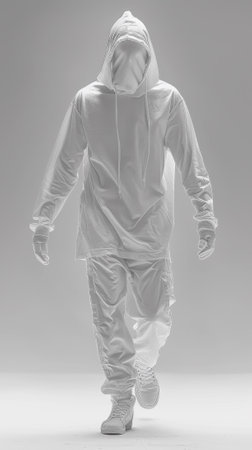 A man in a white hoodie and pants walking on the ground, AIの素材